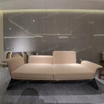 Warm Sand Leather Sofa Set with Natural Burl Wood Veneer, Polished Stainless Steel Trim & Fluid Curved Silhouette